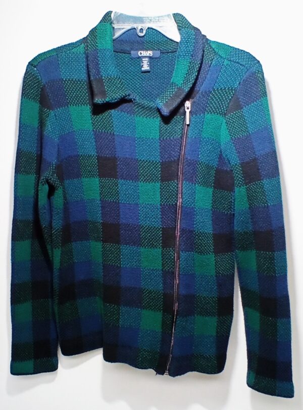 Chaps Womens Small Navy/Green Plaid Asymmetrical Zip Sweater