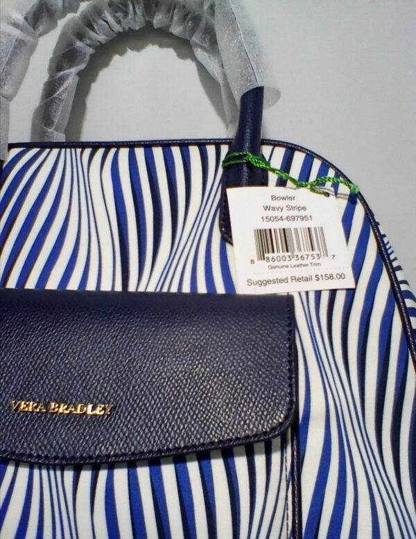 Vera Bradley Bowler Satchel Handbag Purse w/ White & Navy Wavy Stripes NWT - Image 5