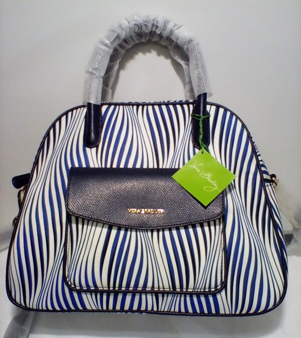 Vera Bradley Bowler Satchel Handbag Purse w/ White & Navy Wavy Stripes NWT