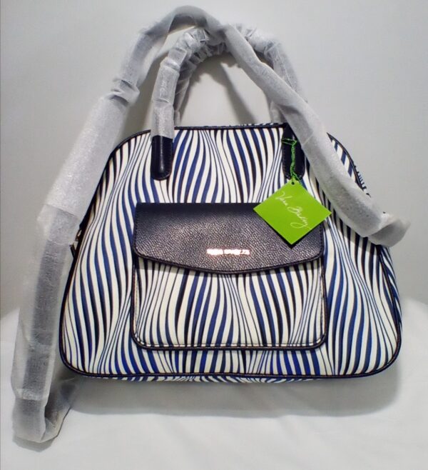 Vera Bradley Bowler Satchel Handbag Purse w/ White & Navy Wavy Stripes NWT - Image 8