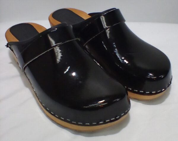 Bjork Swedish Comfort Women's Maja Wood Open Back Black Leather Clogs sz 41eu 10us