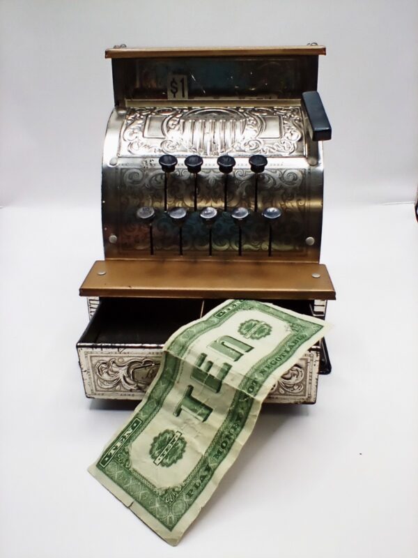 Vintage Benjamin Franklin Tin Litho Toy Cash Register By Vanguard Industries