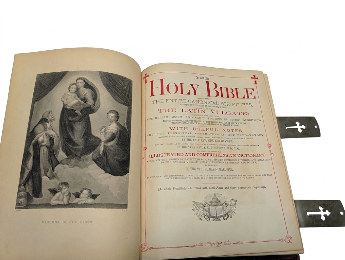 Antique 1892 Catholic Family Bible: Douay-Rheims, Haydock Illustrated, Sculpted Leather, Metal Clasps - Image 7