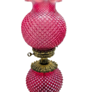 Vintage 1960s Fenton Cranberry Opalescent Hobnail Glass Double Ball Lamp with Original Frosted Chimney